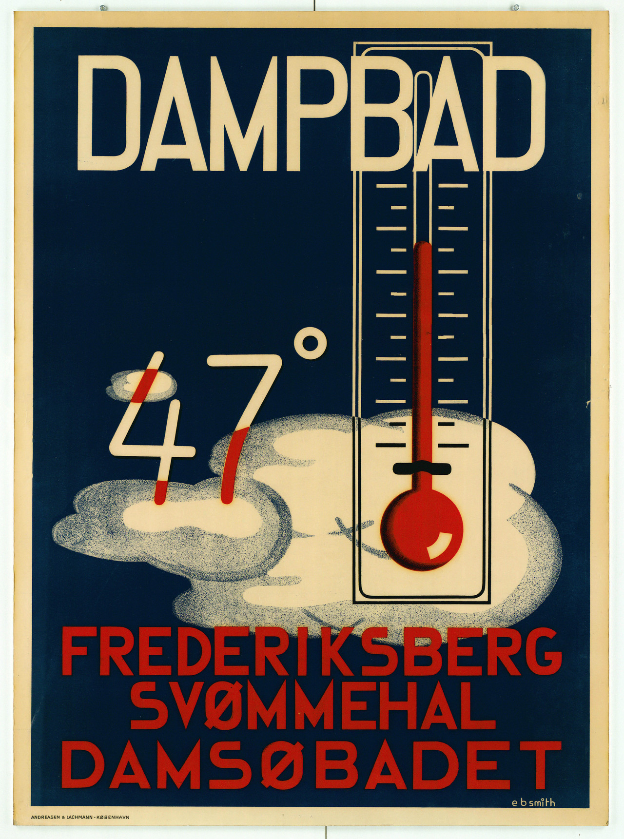 Temperaturen stiger. E.B. Smiths klassiske reklameplakat for Frederiksberg Svømmehal og Damsøbadet. Frederiksberg Stadsarkiv.